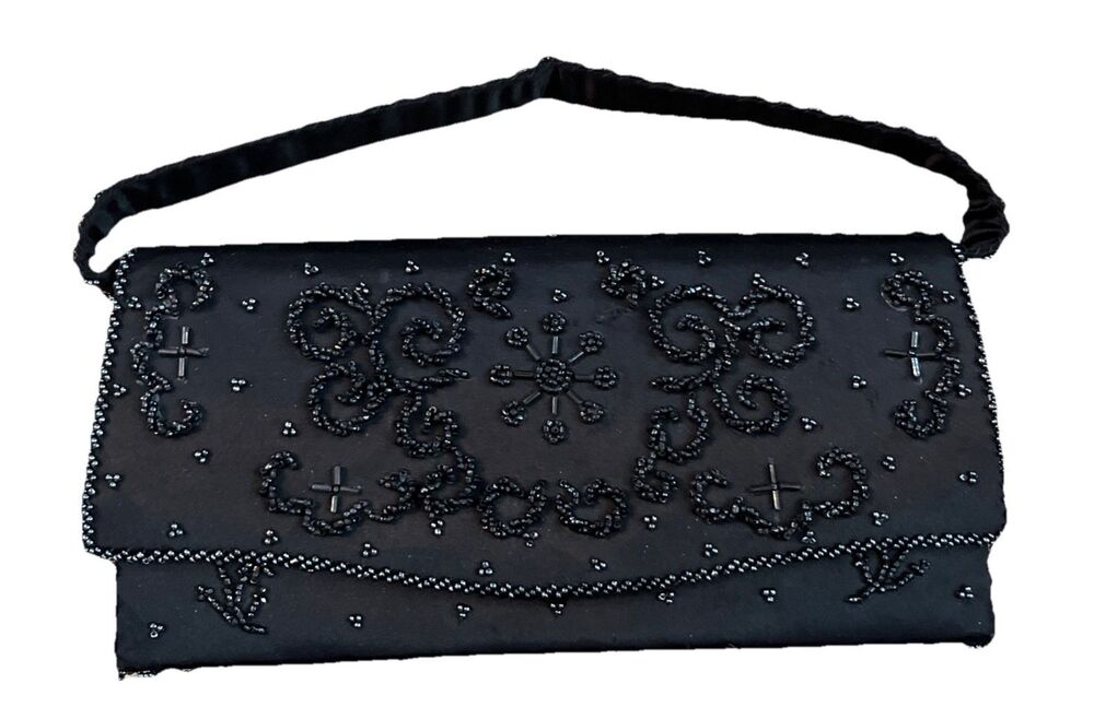 Black Beaded Evening Bag Womens Clutch Purse Handheld Satin Formal Party